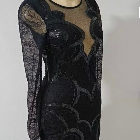 Express sexy black sequin sheer lace long sleeve dress sz2 backless dress NWOT - Picture 8 of 12